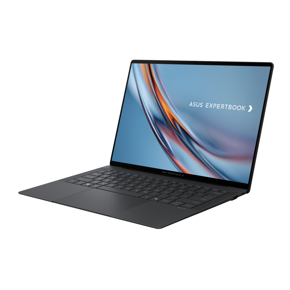 Siyah bir ASUS ExpertBook dizüstü bilgisayar beyaz bir yüzeyde açık, ekranında mavi bir arka plan var.