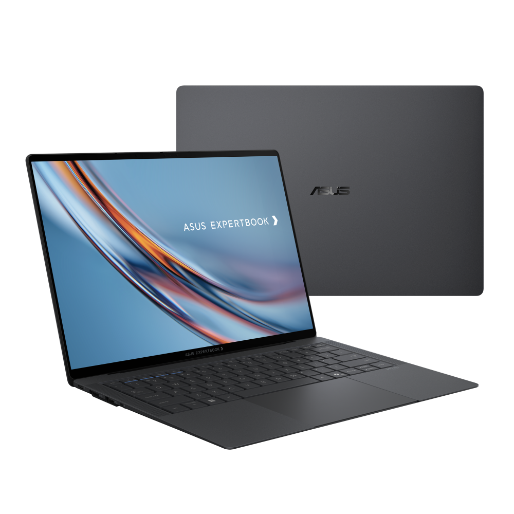 Ekranı ve üst kapağı gösteren biri kapalı biri açık siyah ASUS ExpertBook dizüstü bilgisayar.