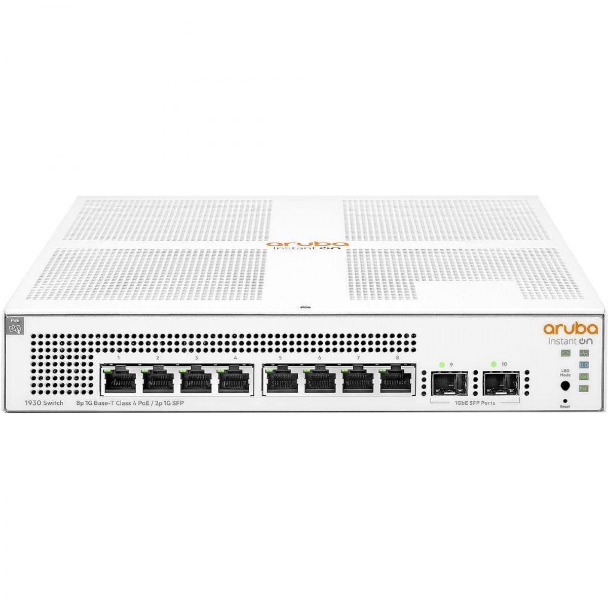 Sekiz PoE bağlantı noktası, iki SFP bağlantı noktası, havalandırma delikleri ve durum ışıkları olan beyaz Aruba 1930 switch.