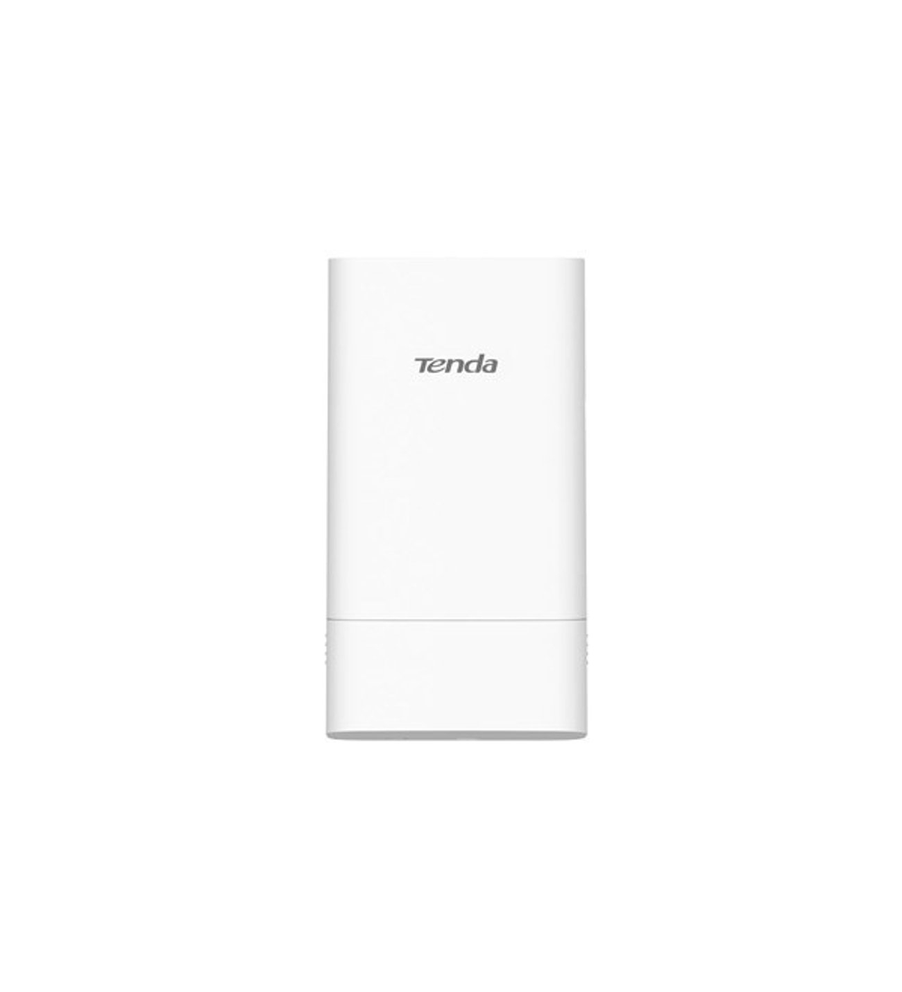 Duz beyaz bir arka plan onunde dik duran beyaz bir Tenda kablosuz router.