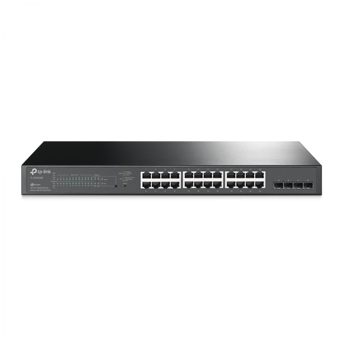 Beyaz bir zemin üzerinde çok sayıda Ethernet portuna sahip siyah bir TP-Link ağ anahtarı.