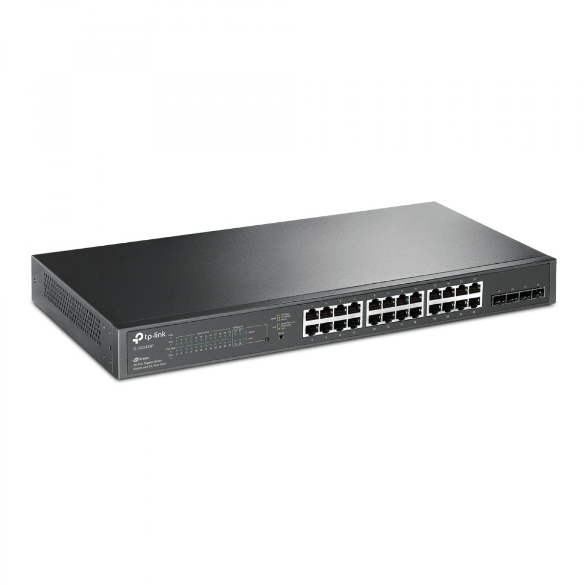 Ön panelinde birden fazla ethernet bağlantı noktası ve durum gösterge ışığı bulunan siyah bir TP-Link ağ anahtarı.