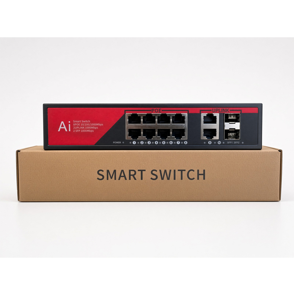 Beyaz arkaplanda, üzerinde SMART SWITCH yazan kahverengi bir karton kutunun üzerinde duran siyah bir Akıllı Anahtar.