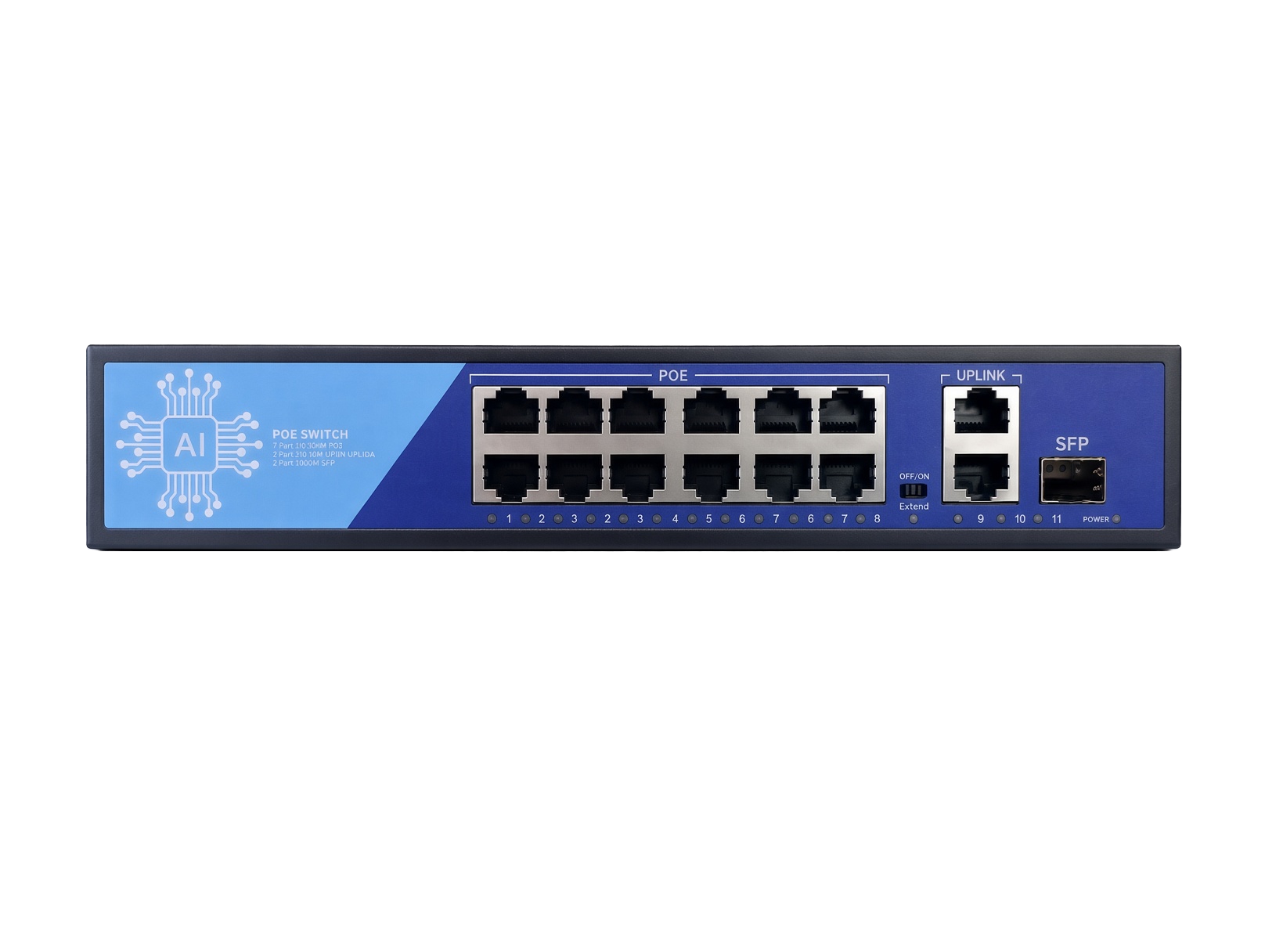 Beyaz arka planda birden fazla Ethernet bağlantı noktası, uplink ve bir SFP bağlantı noktası olan siyah ve mavi POE anahtarı.