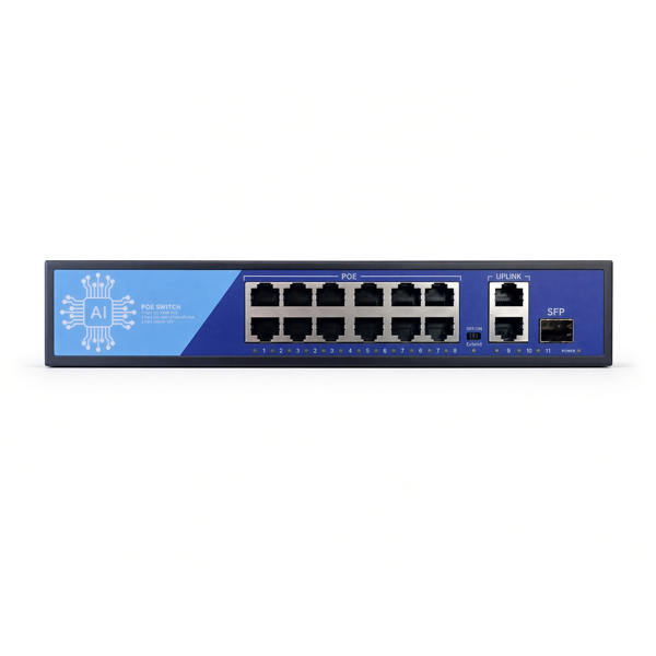 Beyaz arkaplanda Ethernet ve SFP portlarına sahip mavi bir AI PoE ağ anahtarı.
