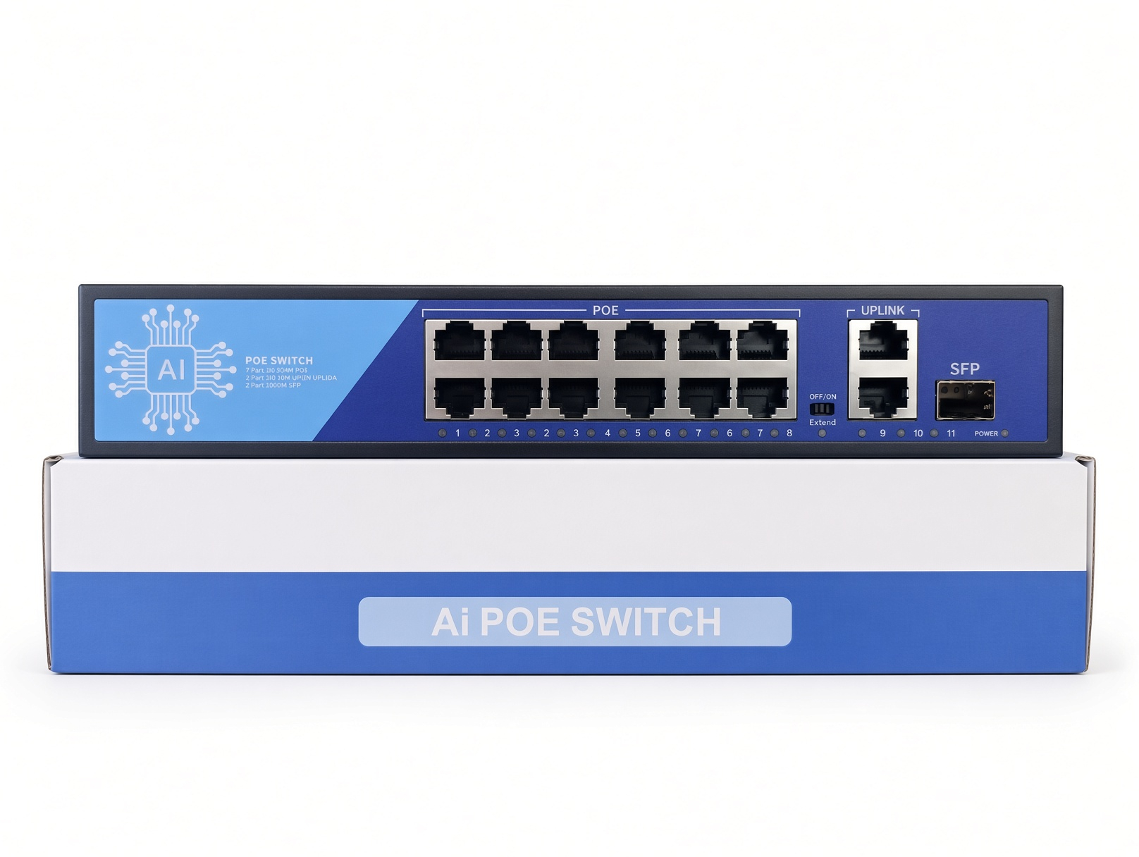 Çok sayıda Ethernet ve SFP portuna sahip mavi bir AI POE switch, kutusunun üzerinde duruyor.