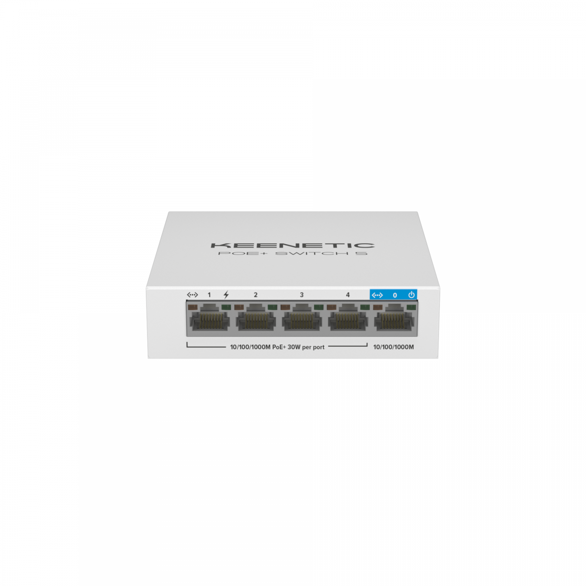 Düz arka planda beş Ethernet portu ve durum ışıkları olan beyaz Keenetic PoE+ Switch 5.