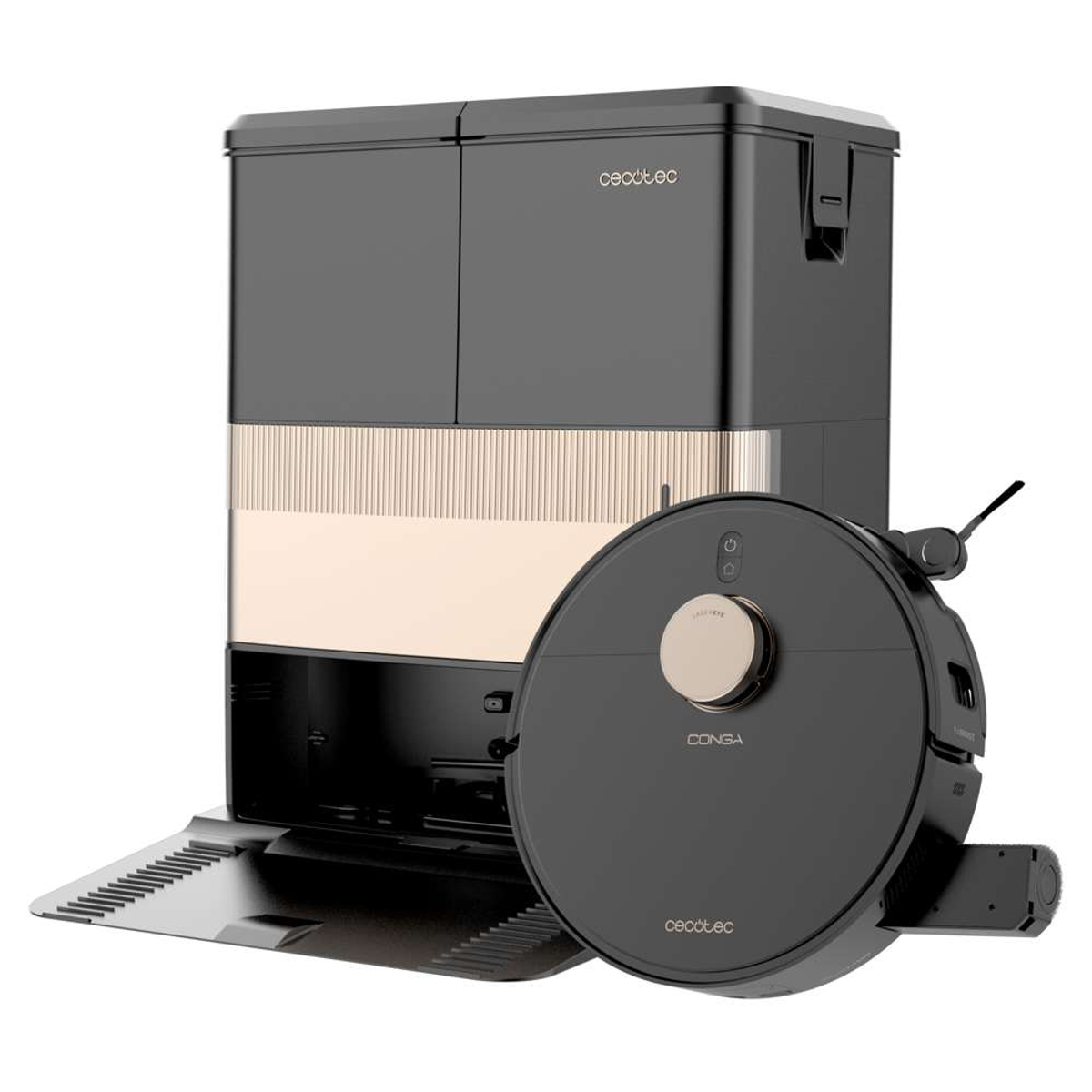 Un robot aspirador negro y oro rosa se encuentra junto a su base de carga autovaciable.