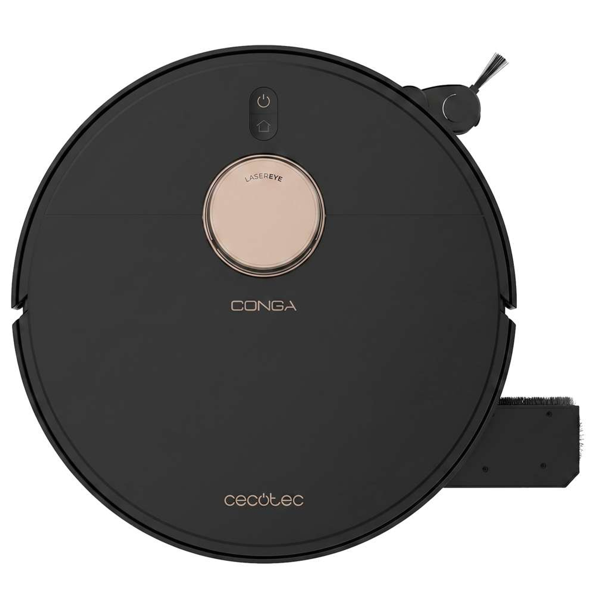 Vista superior de un robot aspirador Cecotec Conga negro con sensor láser en oro rosa y botones.