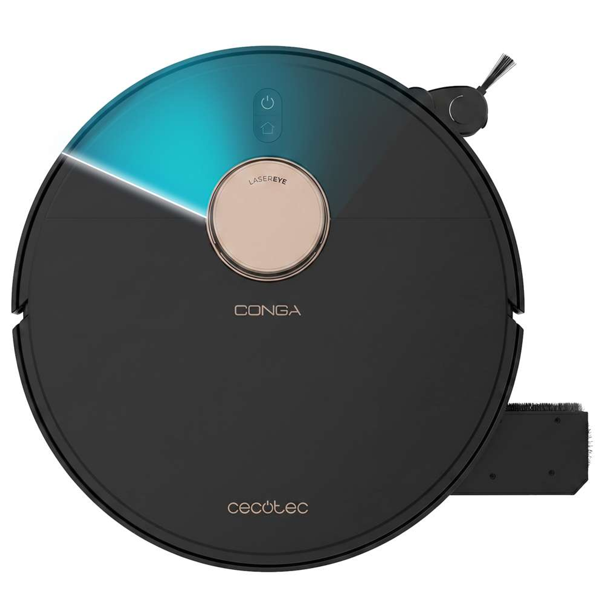 Vista superior de un robot aspirador negro Cecotec Conga con sensor Lasereye, luz azul y dos botones.