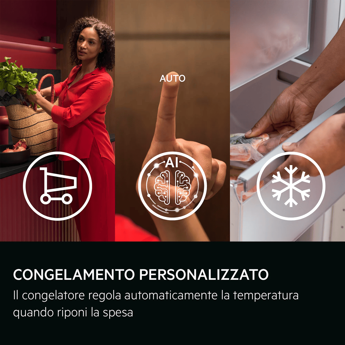 Una mujer con compras, un control táctil de IA automática y manos organizando comida en un congelador.