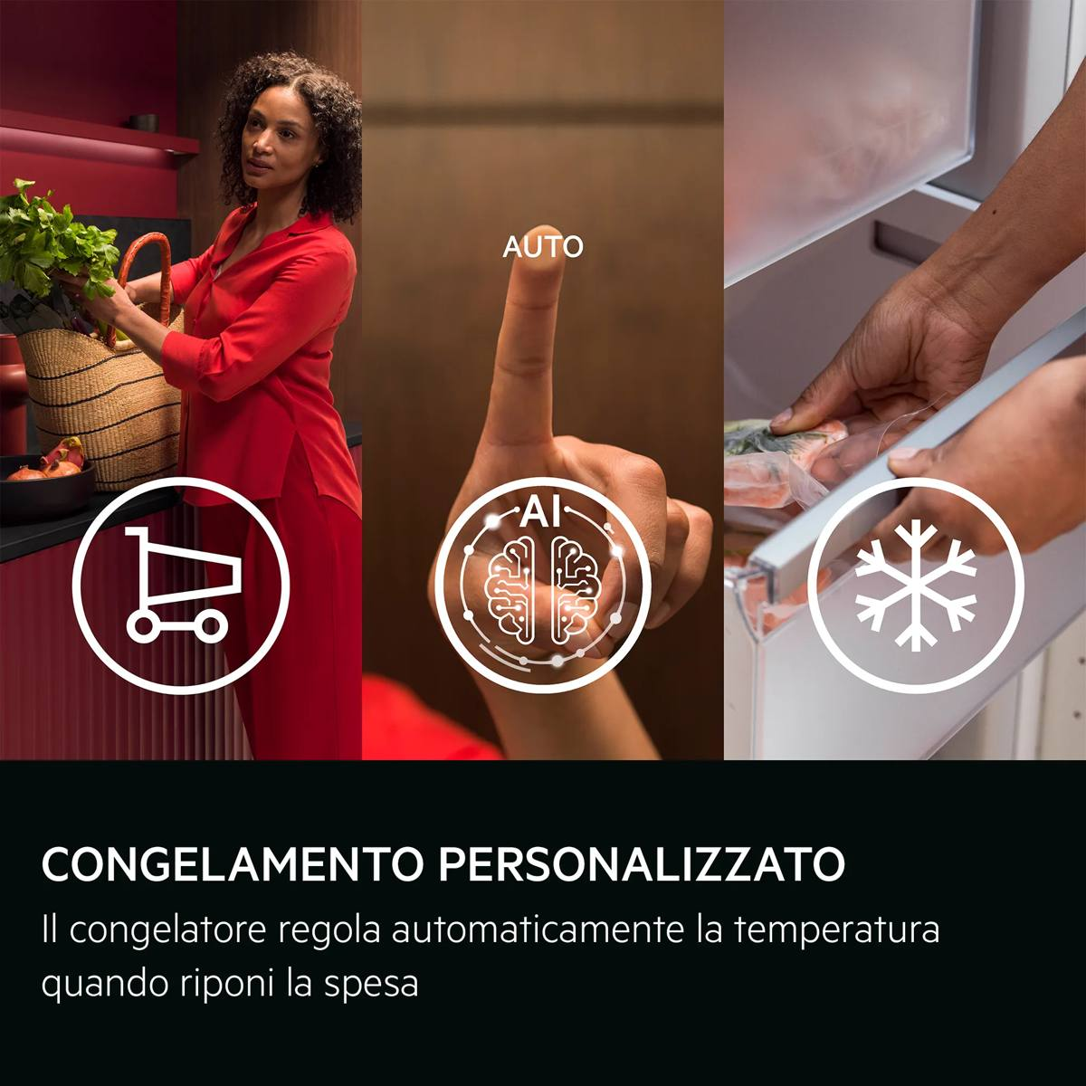 Una mujer compra, un gesto de mano con IA y manos abren un cajón del congelador.