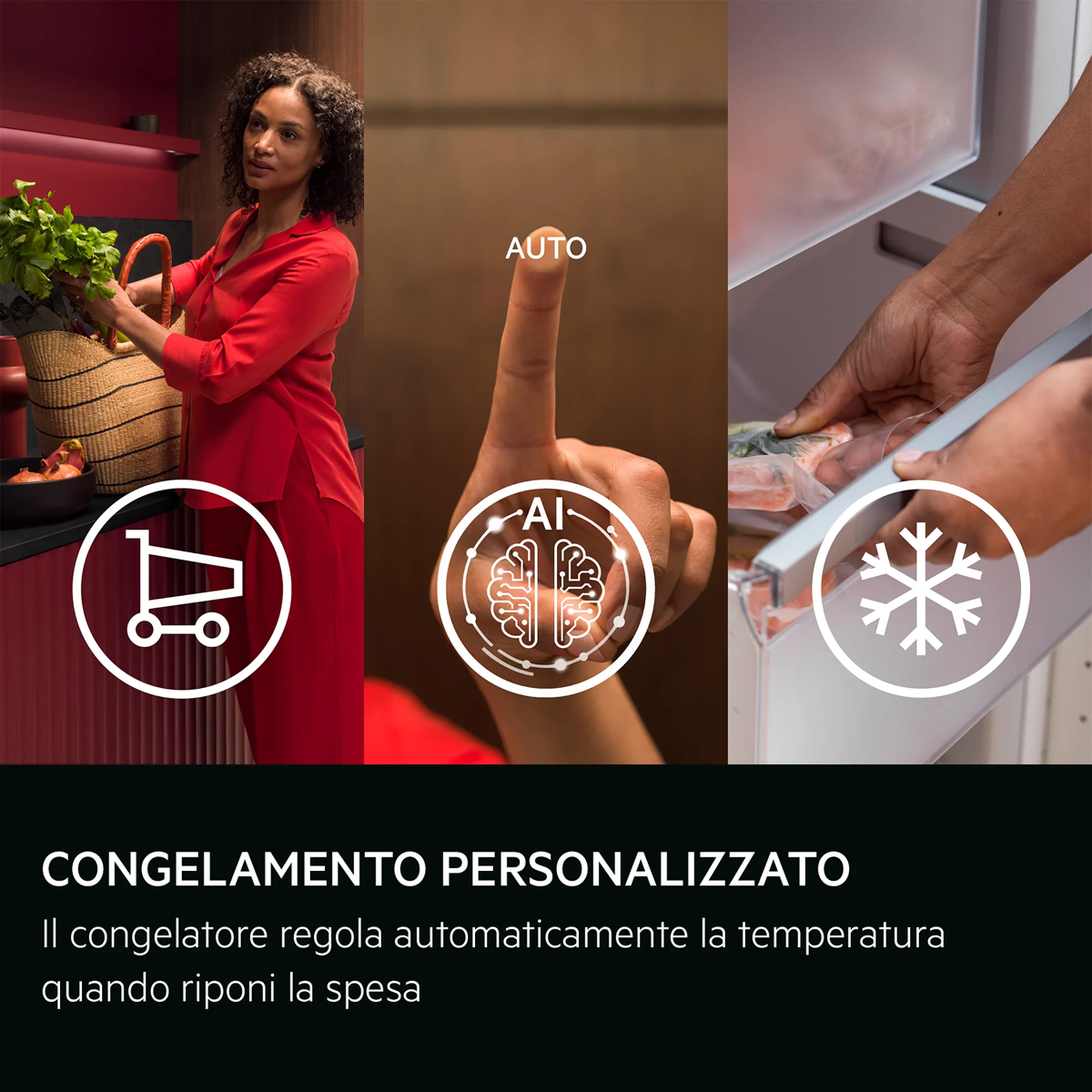 Una mujer sostiene compras, un dedo toca un icono de auto y unas manos cargan un congelador, con texto en italiano.