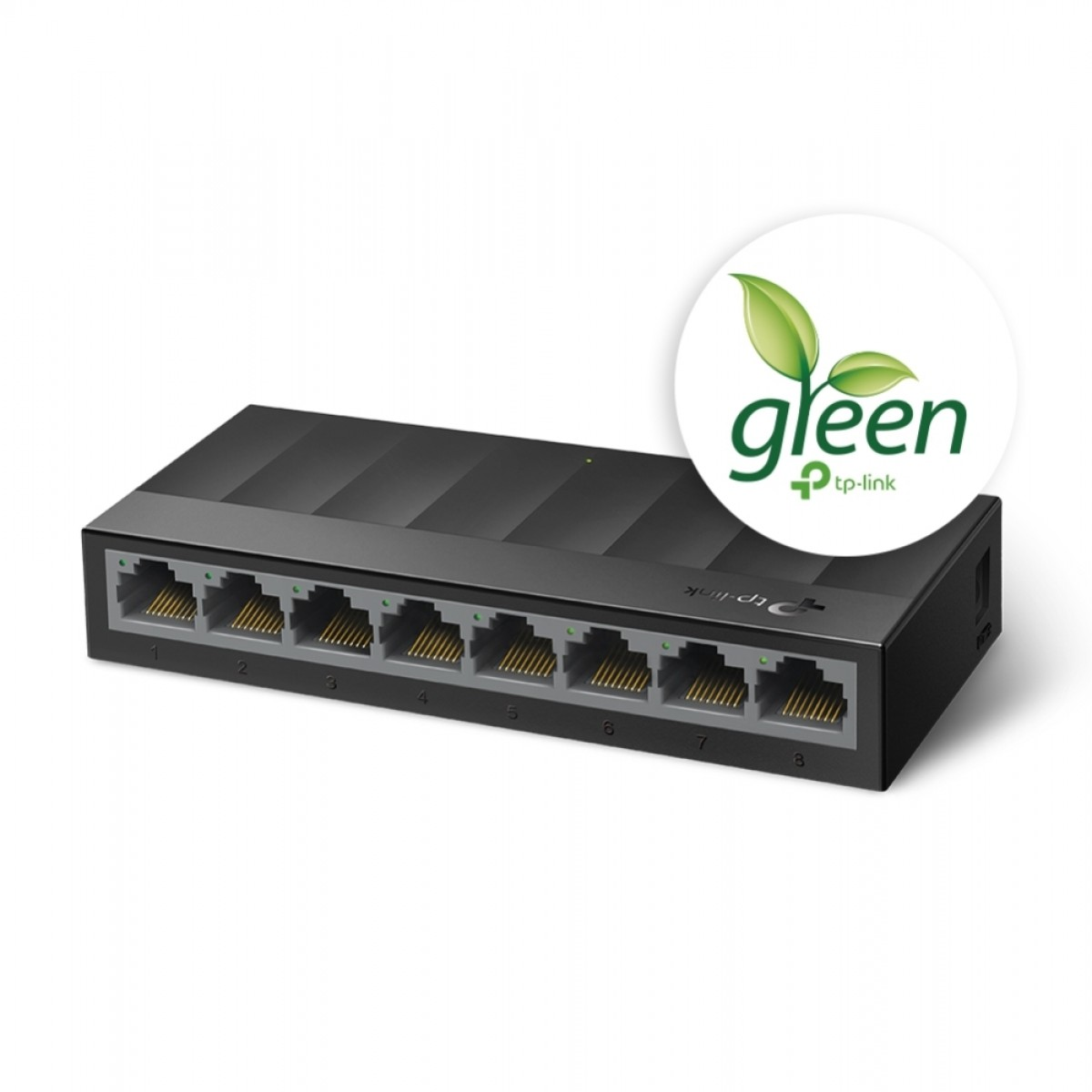 Beyaz arka plana sahip, sekiz numaralı bağlantı noktasına ve yeşil logo etiketine sahip siyah TP-Link ağ anahtarı.