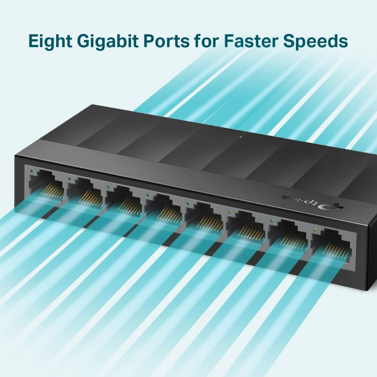 Sekiz numaralı bağlantı noktasına ve mavi ışık ışınlarına sahip siyah bir TP-Link gigabit anahtarı.