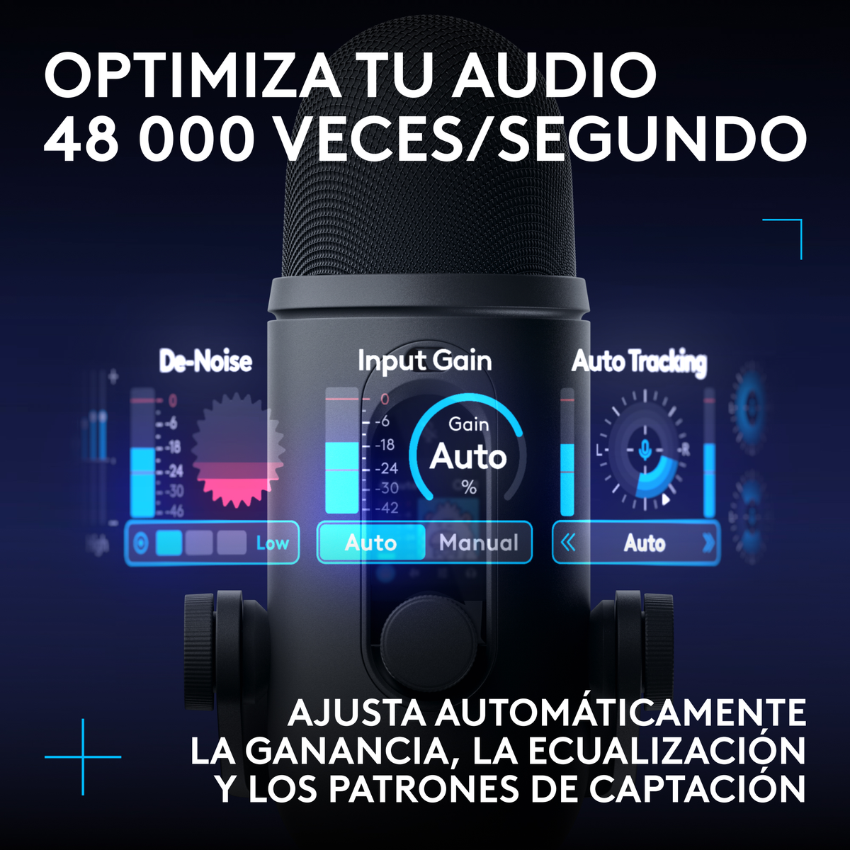 Un micrófono negro con pantallas de control digital para reducción de ruido y ganancia sobre fondo azul.