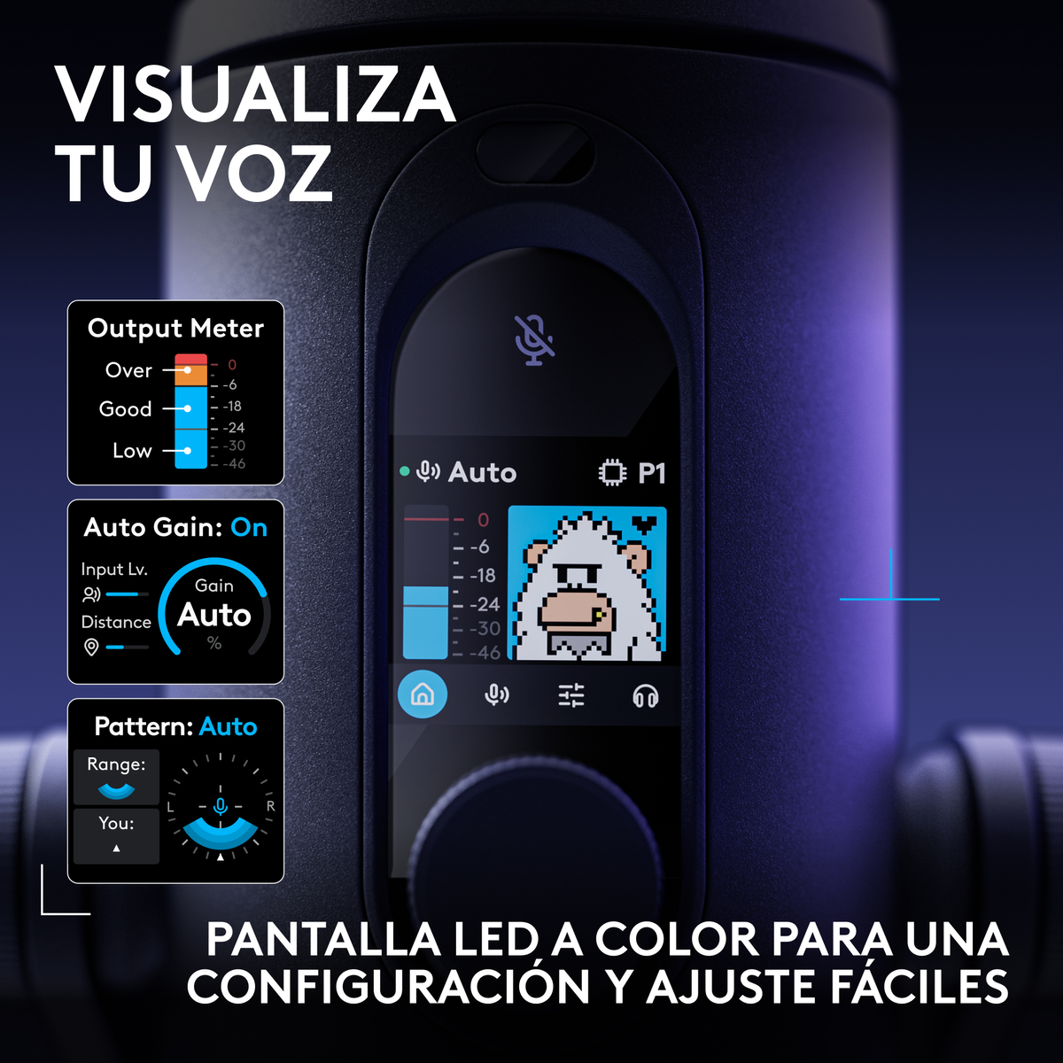 Micrófono con pantalla LED a color que muestra ajustes de audio, un yeti de arte píxel y controles.
