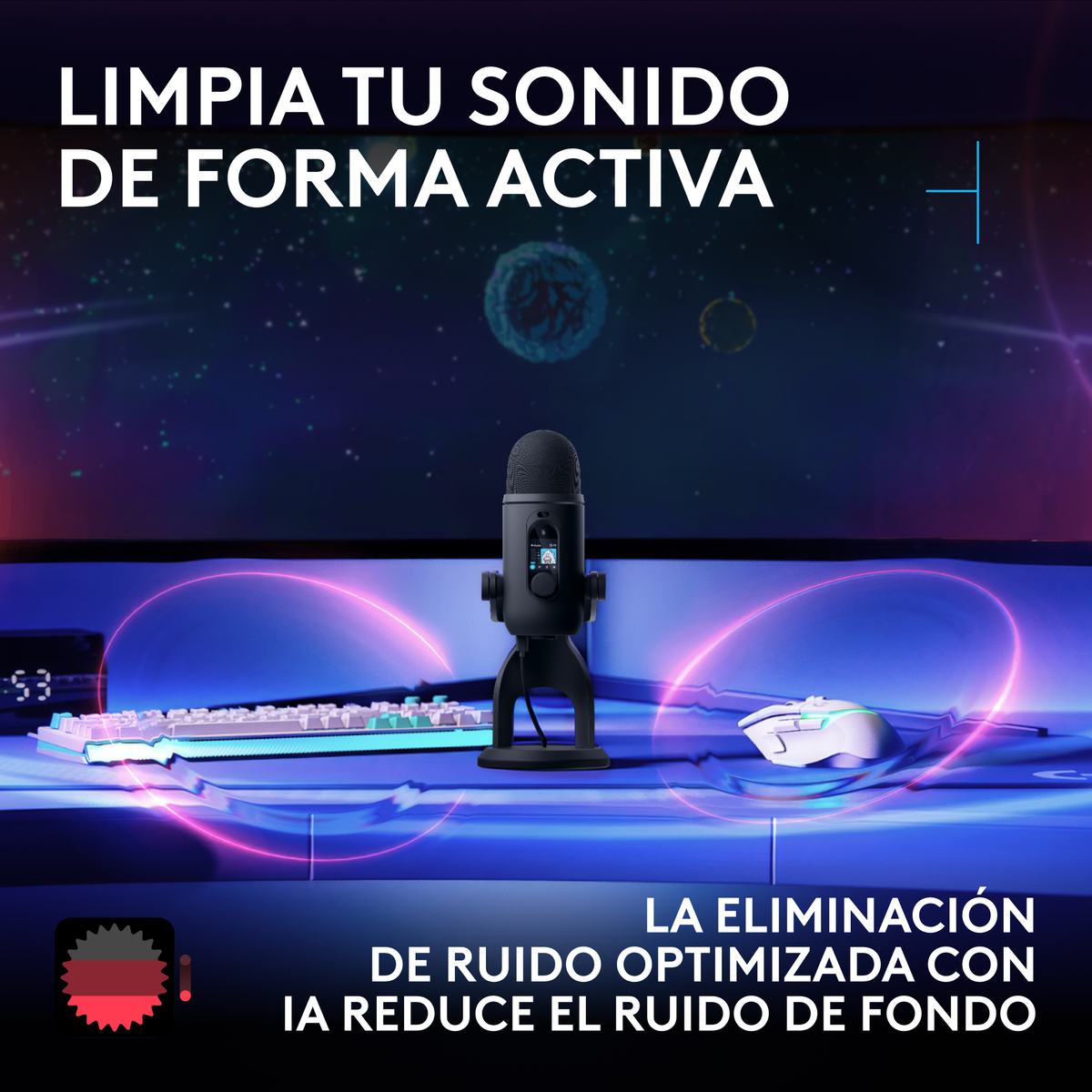 Un micrófono negro sobre un escritorio azul brillante con texto en español superpuesto.
