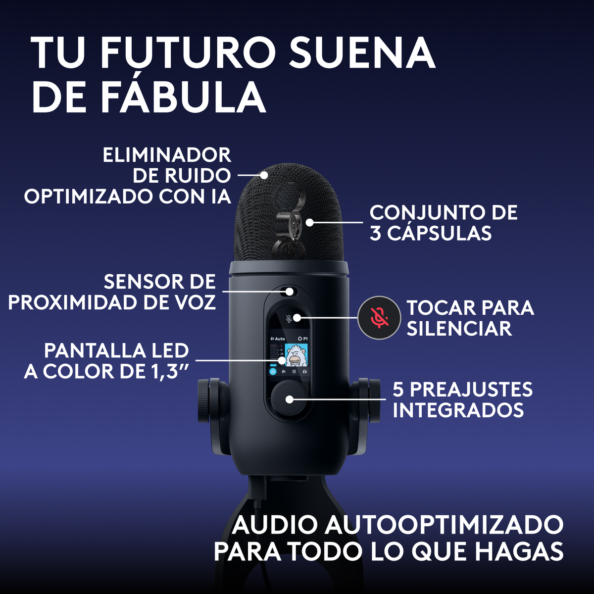 Un micrófono negro sobre fondo azul con texto en español señalando funciones como reducción de ruido por IA.