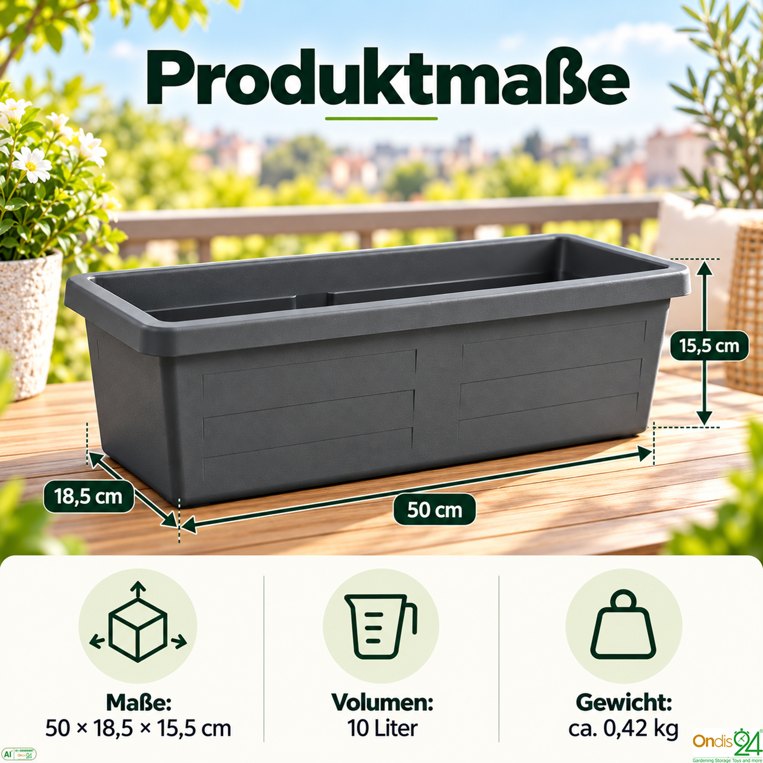 Dunkelgrauer Pflanzkasten auf Holztisch mit Maßangaben: 50x18,5x15,5 cm, 10 Liter, 0,42 kg.