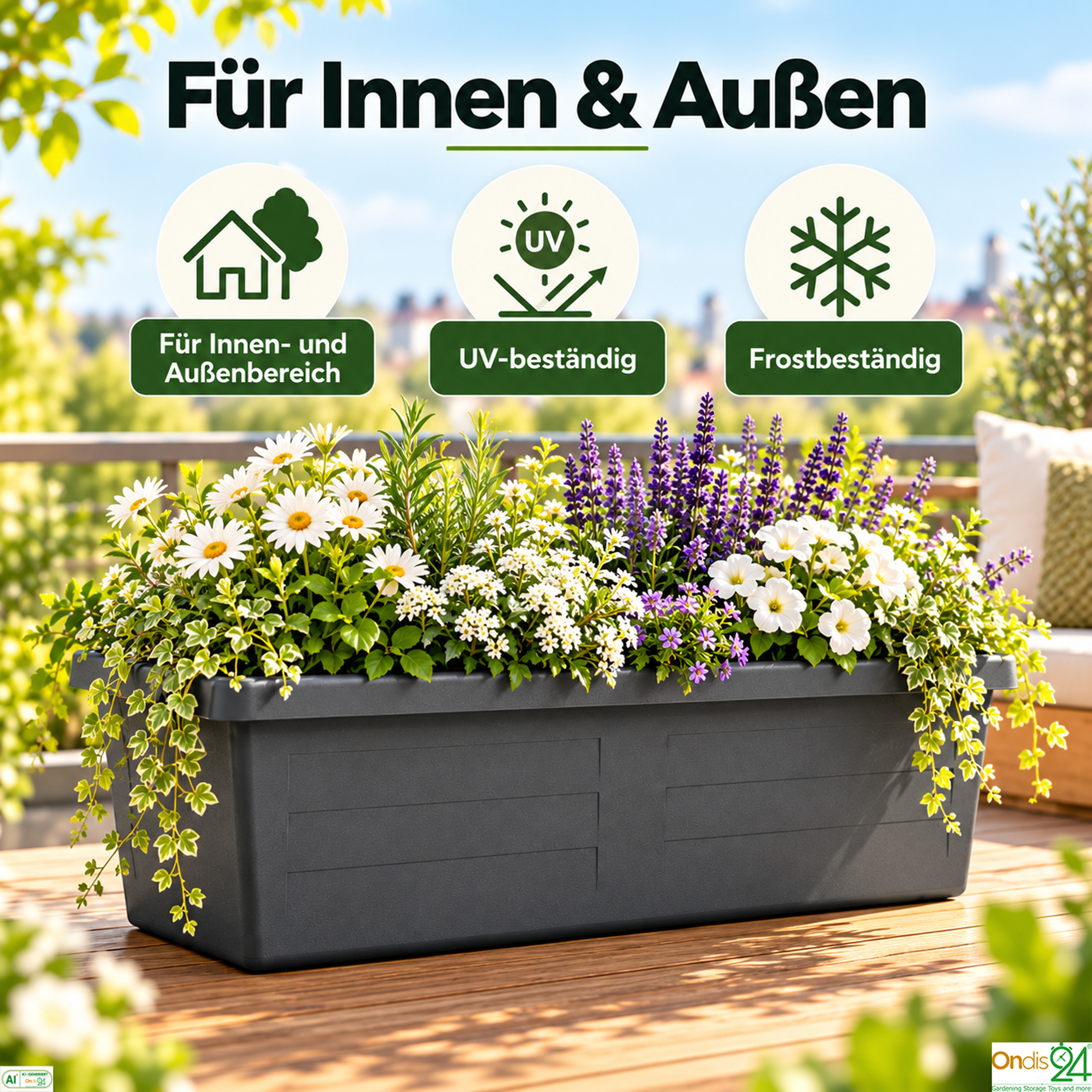 Grauer Pflanzkübel mit bunten Blumen und Symbolen für In- und Outdoor, UV- und Frostbeständigkeit.