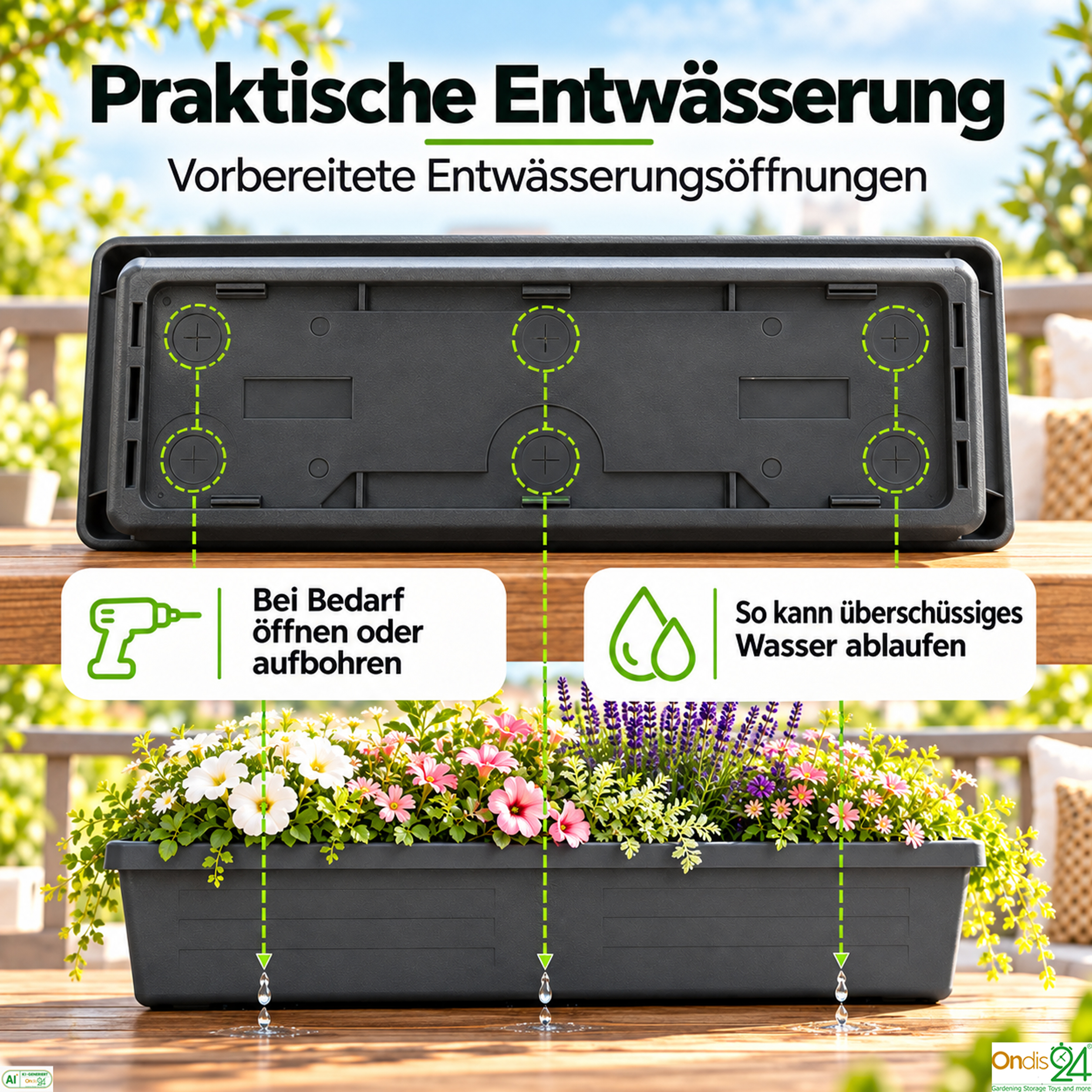 Grauer Pflanzkübel mit Drainageöffnungen und erklärenden Grafiken.