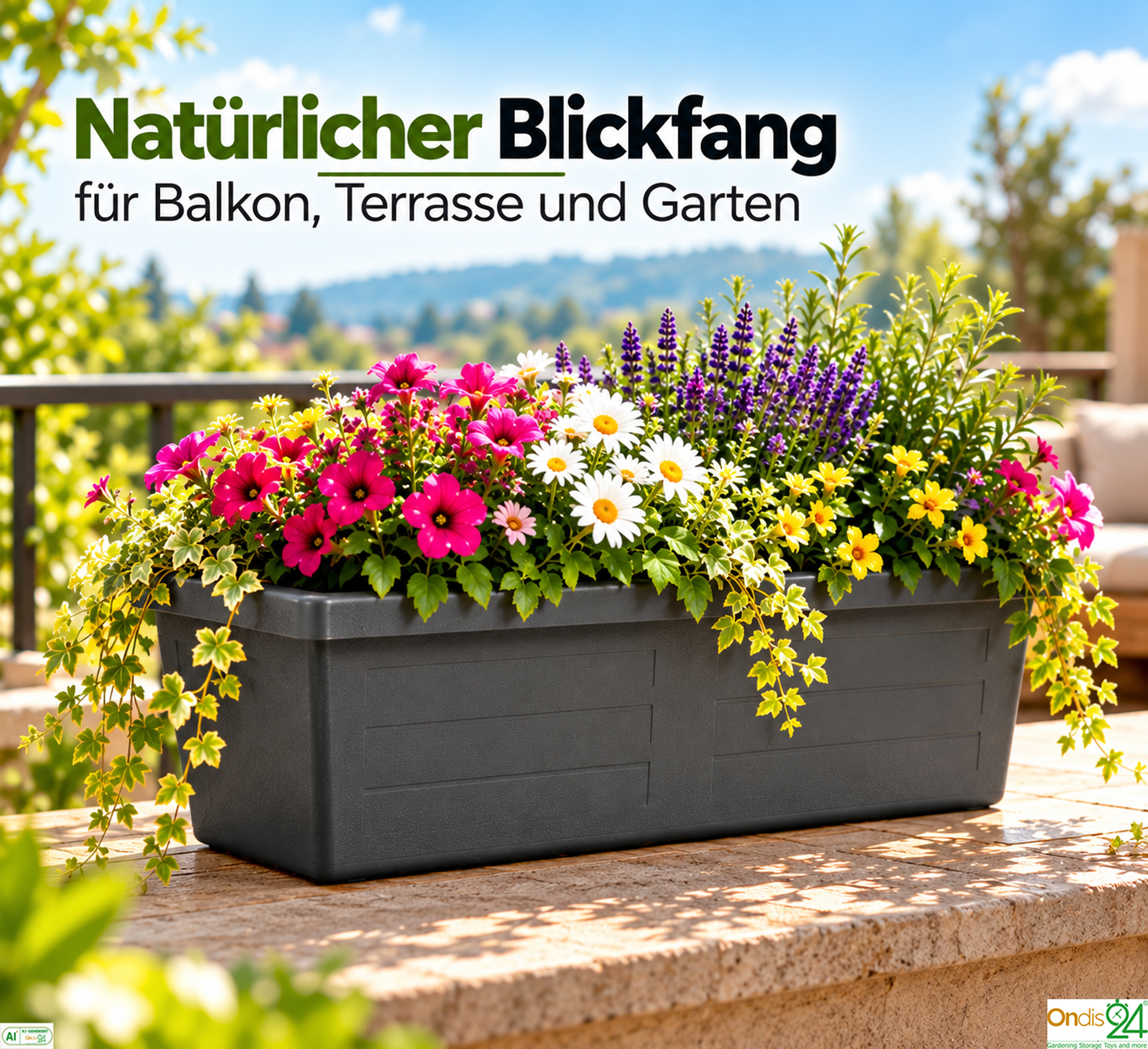 Ein grauer Blumenkasten voller bunter Blumen und grüner Ranken steht auf einer Terrasse, mit Text im oberen Bereich.