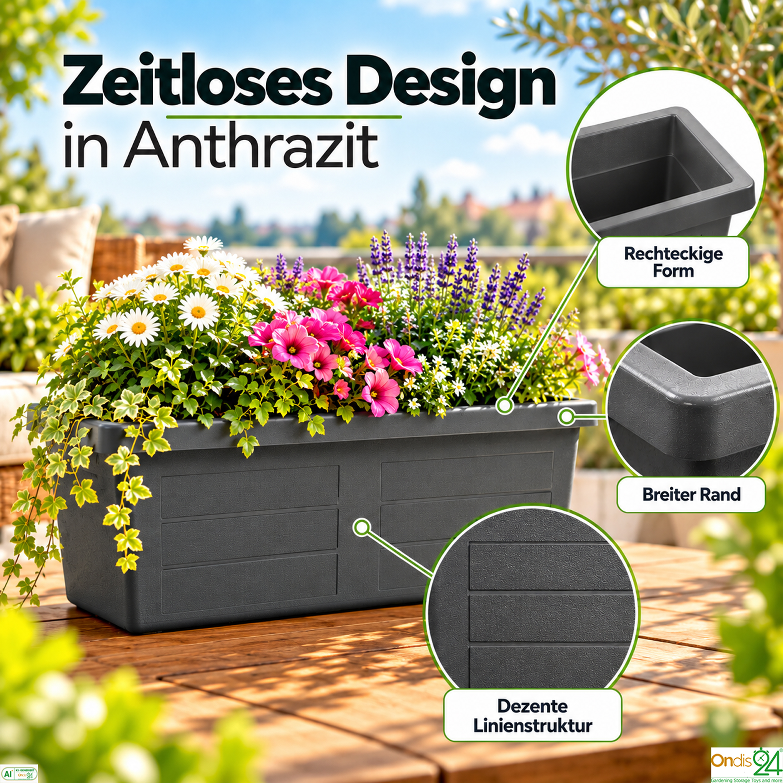Anthrazitfarbener Pflanzkasten mit Blumen auf Holz Tisch, Text und Detailaufnahmen.