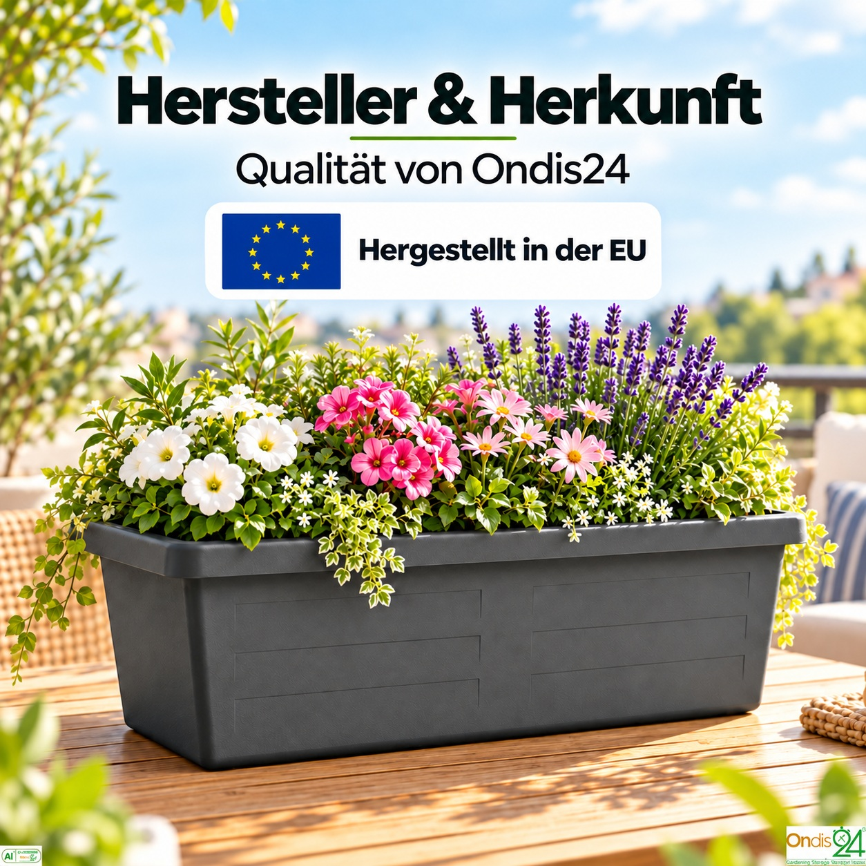 Ein grauer Blumenkasten voller bunter Blumen steht auf einem Holzpfeiler. Darüber steht Text über die EU-Herstellung.