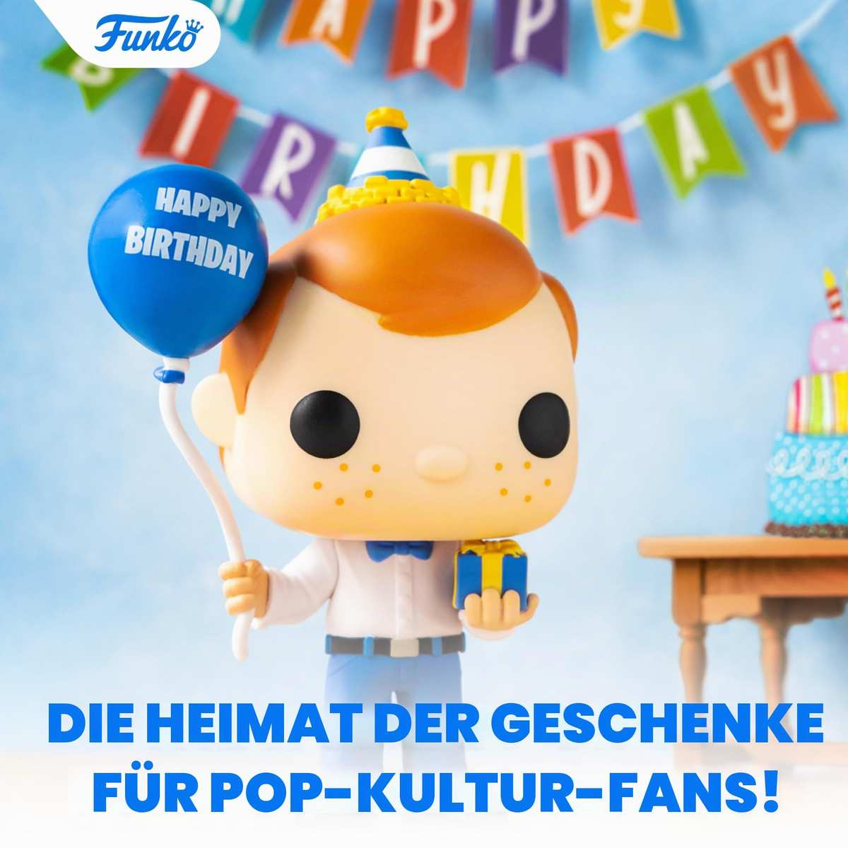 Funko-Pop-Figur mit Geburtstagshut, Luftballon und Geschenk vor einer bunten Girlande.