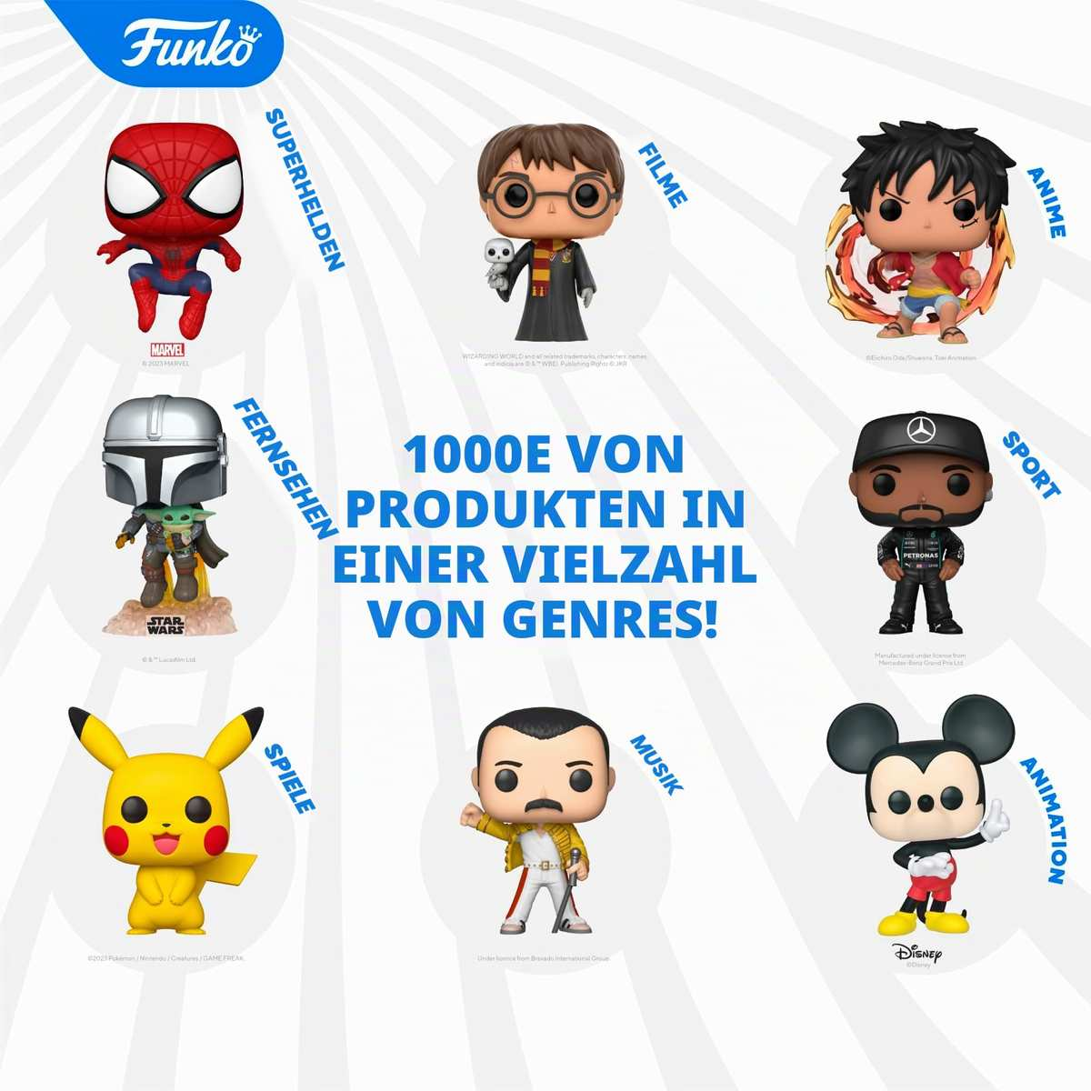 Funko-Werbung mit verschiedenen Pop-Figuren wie Spider-Man, Harry Potter und Mickey Maus vor weißem Hintergrund.