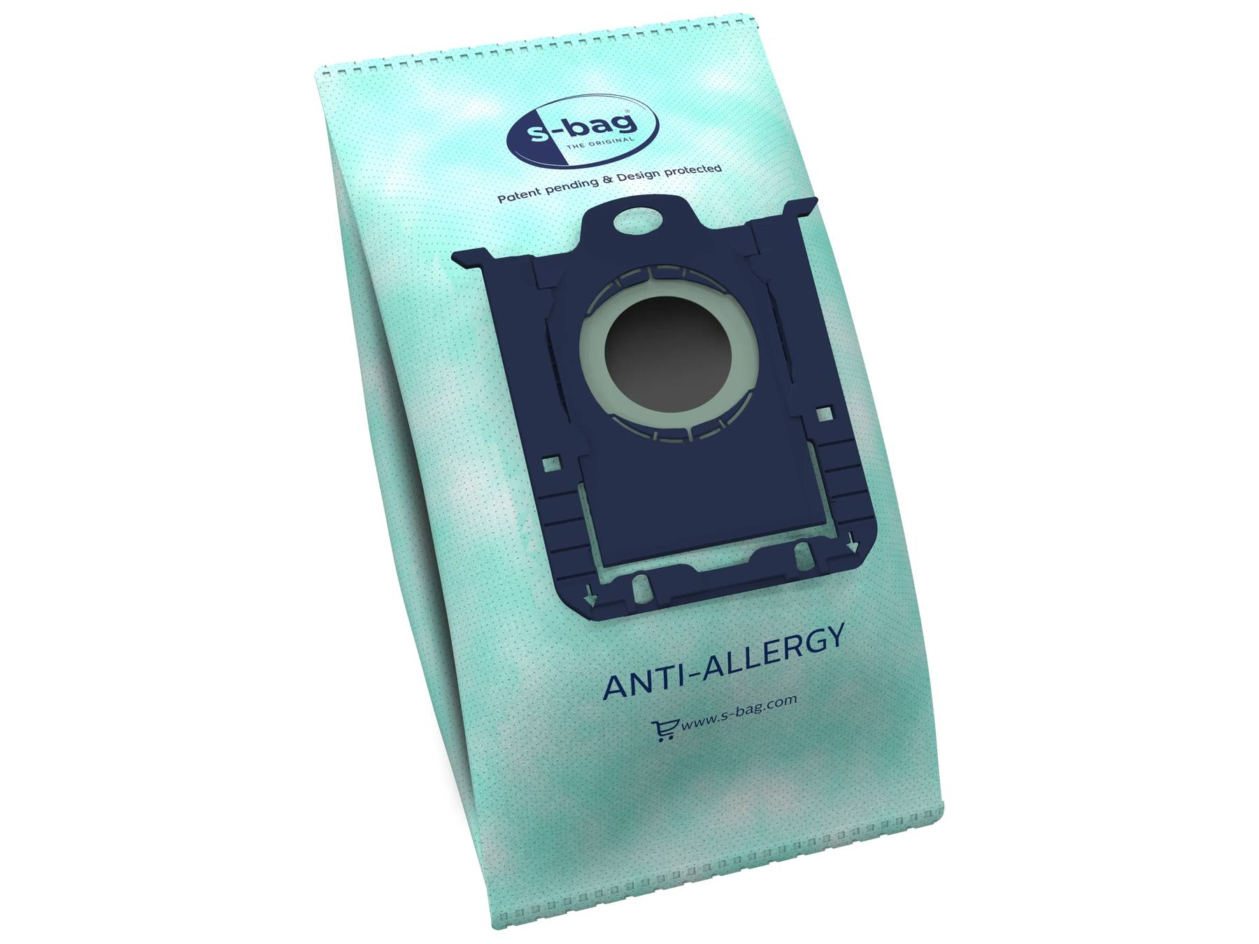Una bolsa de aspiradora antialérgica azul claro con cierre azul oscuro y logotipo S-bag.