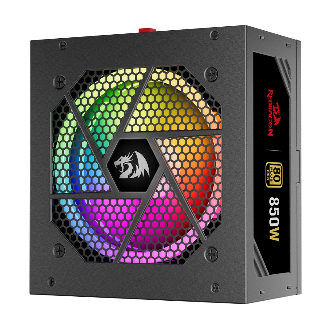 Alimentatore per PC nero da 850W con ventola RGB, griglia ottagonale e logo del drago rosso.