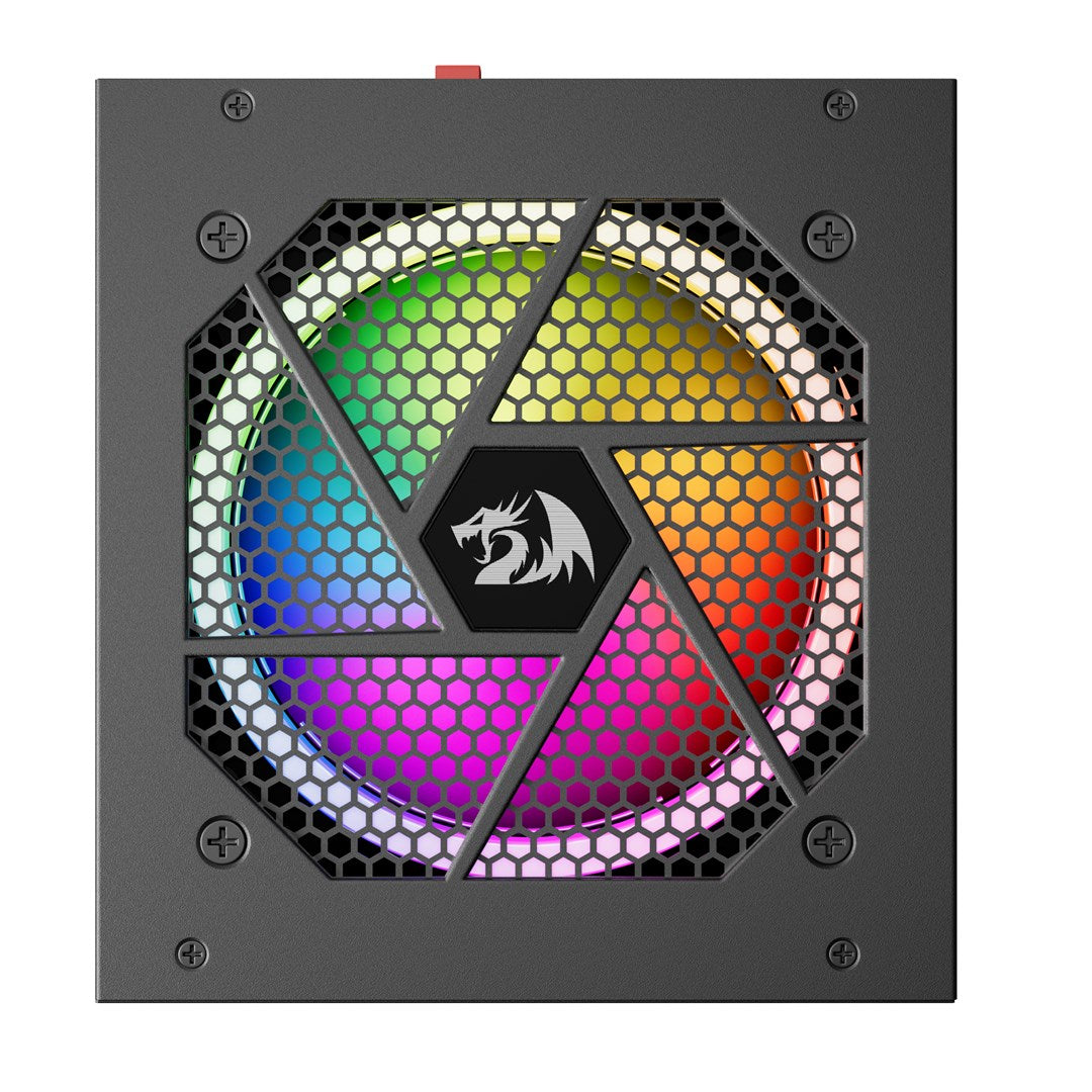Alimentatore per PC nero con ventola RGB e griglia con logo drago centrale.
