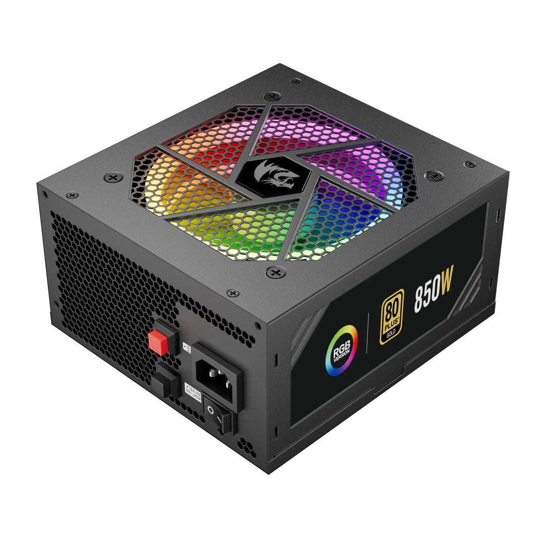 Alimentatore per PC nero da 850W con ventola RGB su sfondo bianco.