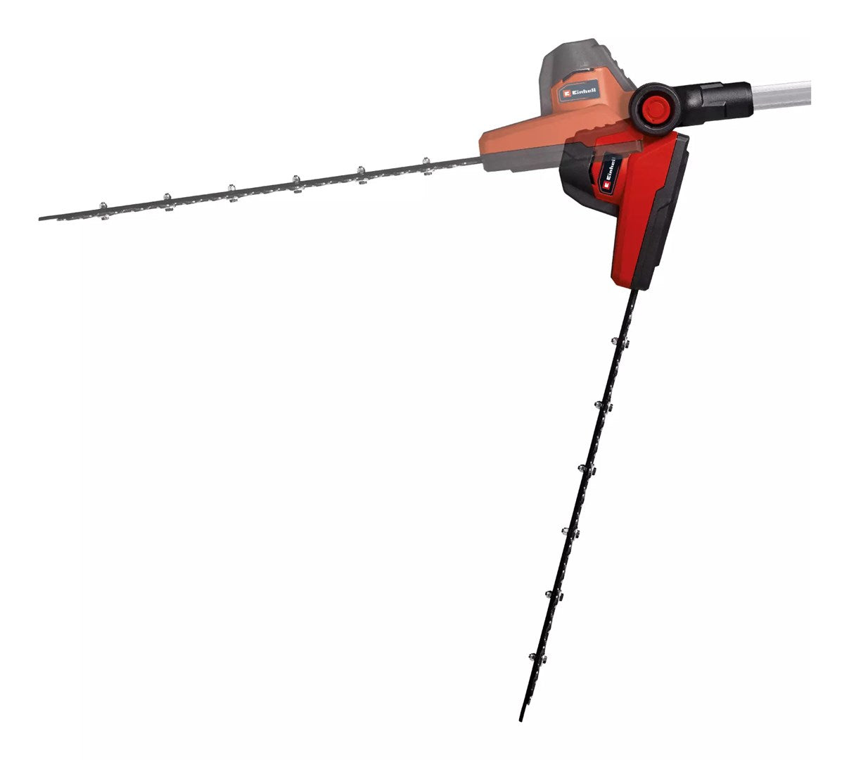 Rot-schwarze Einhell Stab-Heckenschere mit verstellbarem Schneidkopf und langem Schwert.