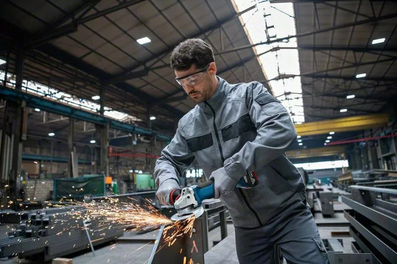 Ein Arbeiter in grauer Uniform und Schutzbrille benutzt einen Winkelschleifer und erzeugt in einer Fabrik helle Funken.