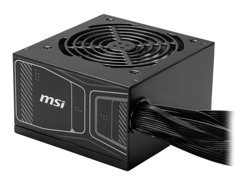 Ein schwarzes MSI Computer-Netzteil mit oberem Lüfter und angeschlossenen Kabeln.