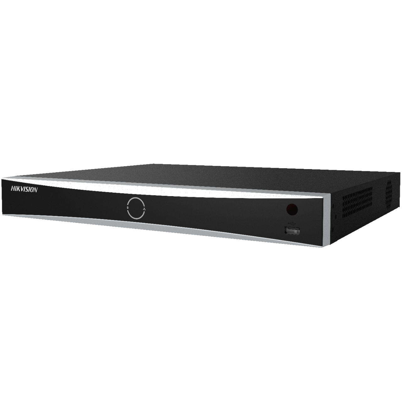Ein schwarzer Hikvision DVR-Rekorder mit silbernen Akzenten, USB-Anschluss und runder Statusanzeige.