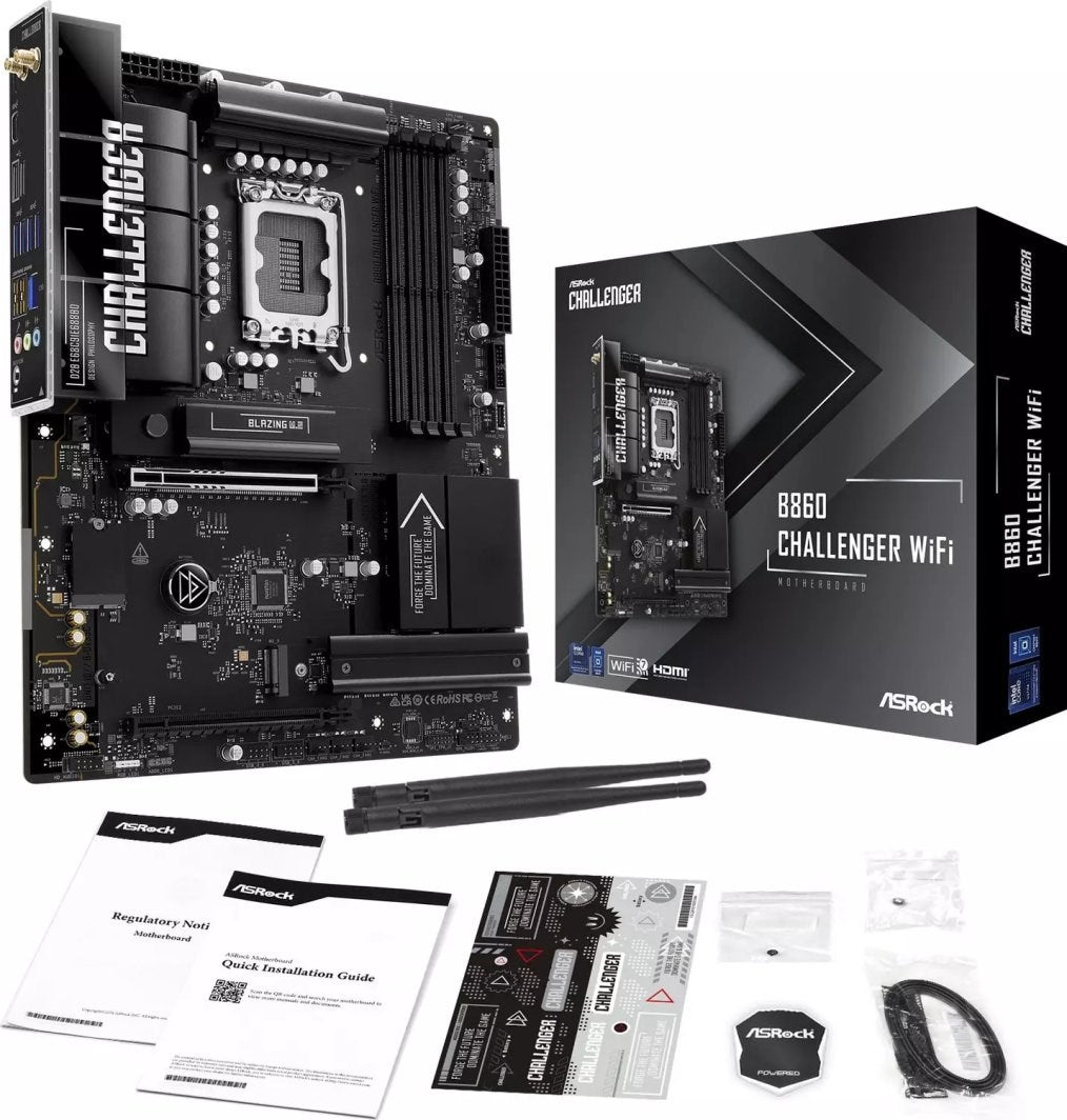 Una scheda madre ASRock B860 Challenger WiFi con scatola, due antenne, manuali e accessori.