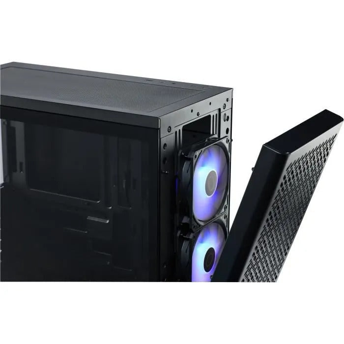 Un boîtier de PC noir avec deux ventilateurs lumineux bleus et un panneau avant amovible.