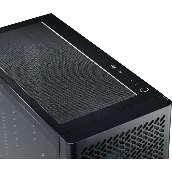 Boîtier de PC noir avec panneau supérieur en maille et ports E/S.