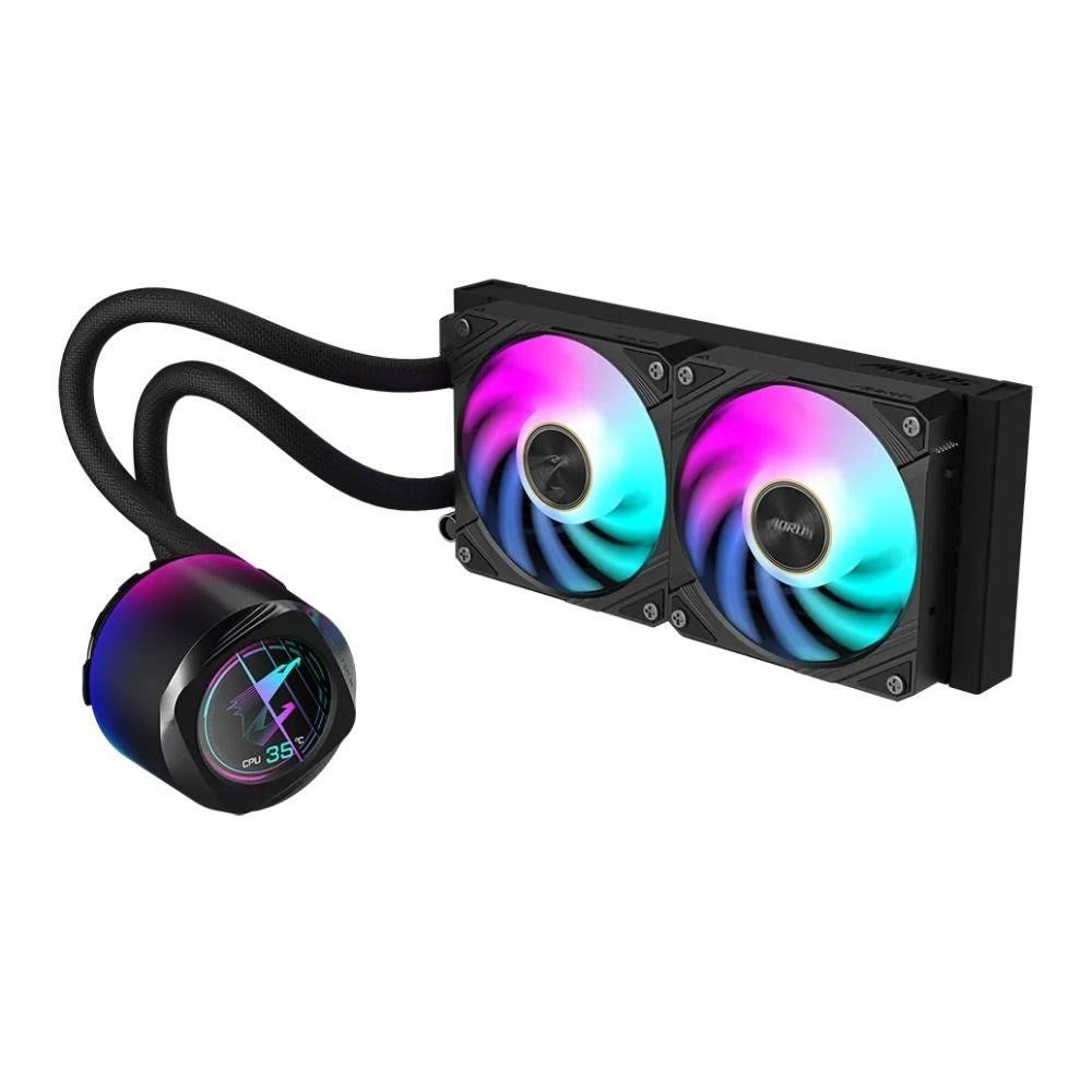 Refroidisseur liquide pour processeur avec deux ventilateurs RGB, des tuyaux noirs et un écran affichant 35 °C.