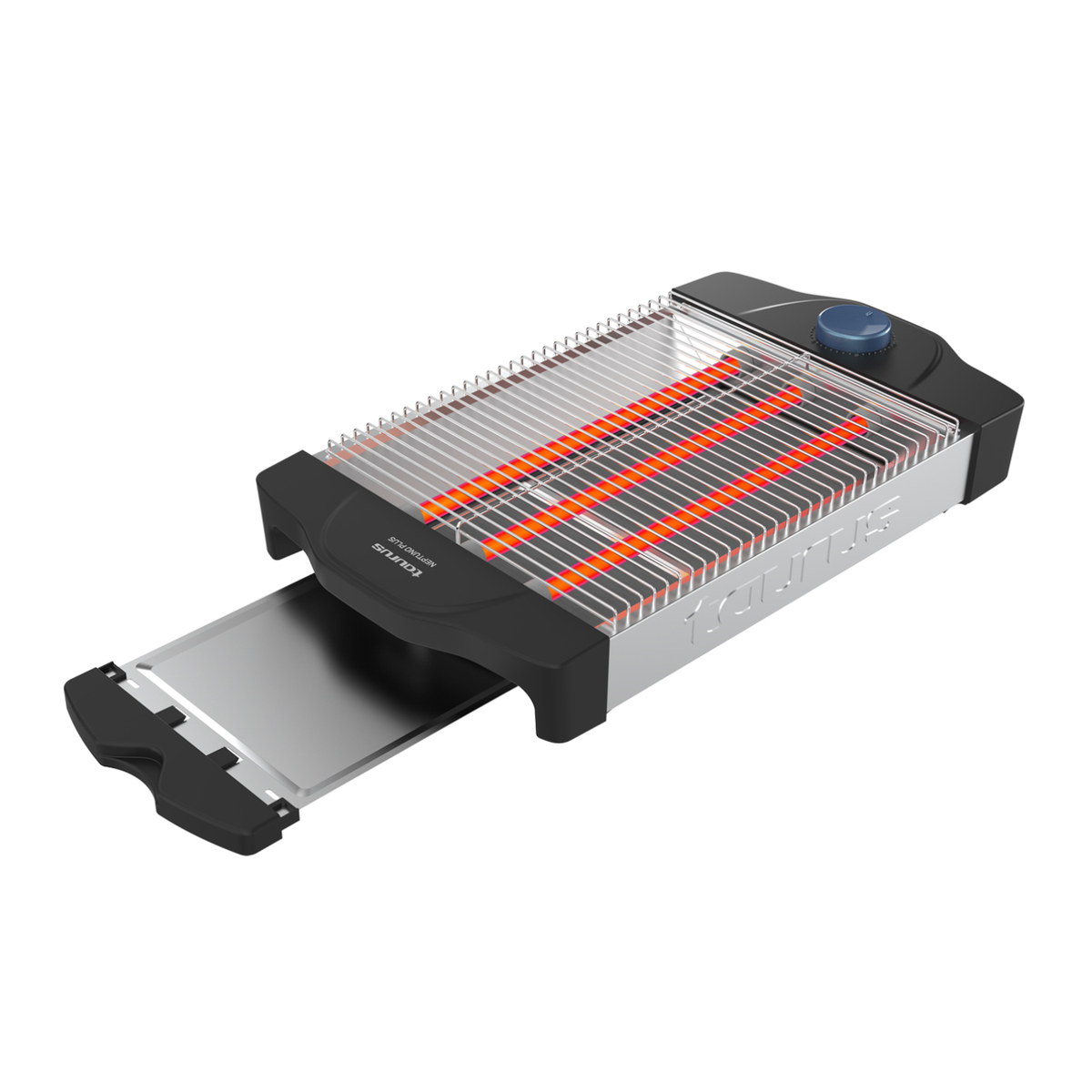Tostador eléctrico negro y plateado con elementos calefactores rojos y bandeja para migas.