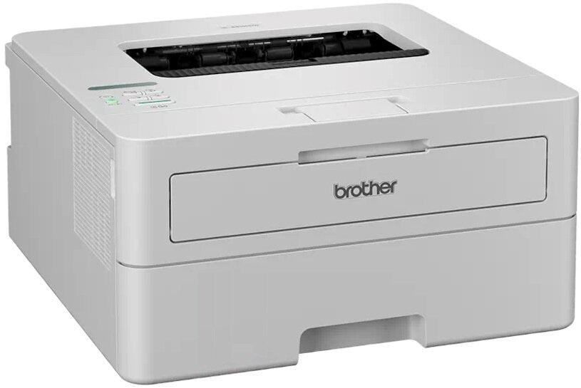 Una stampante laser Brother bianca su una superficie pulita e luminosa.