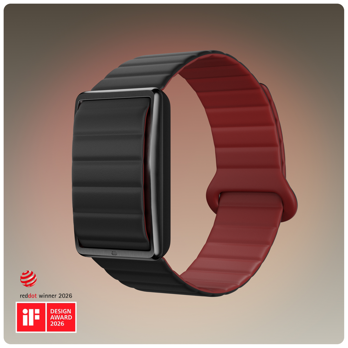 Un reloj inteligente negro con interior rojo y correa acolchada sobre fondo marrón.