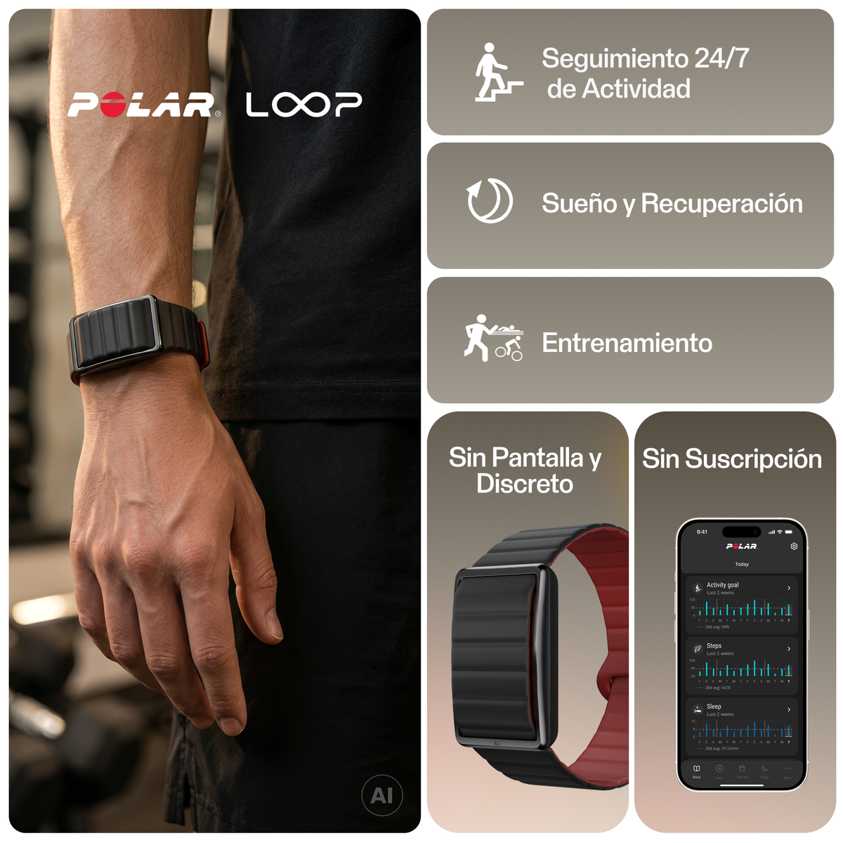 Pulsera de actividad Polar Loop en la muñeca con funciones de aplicación.