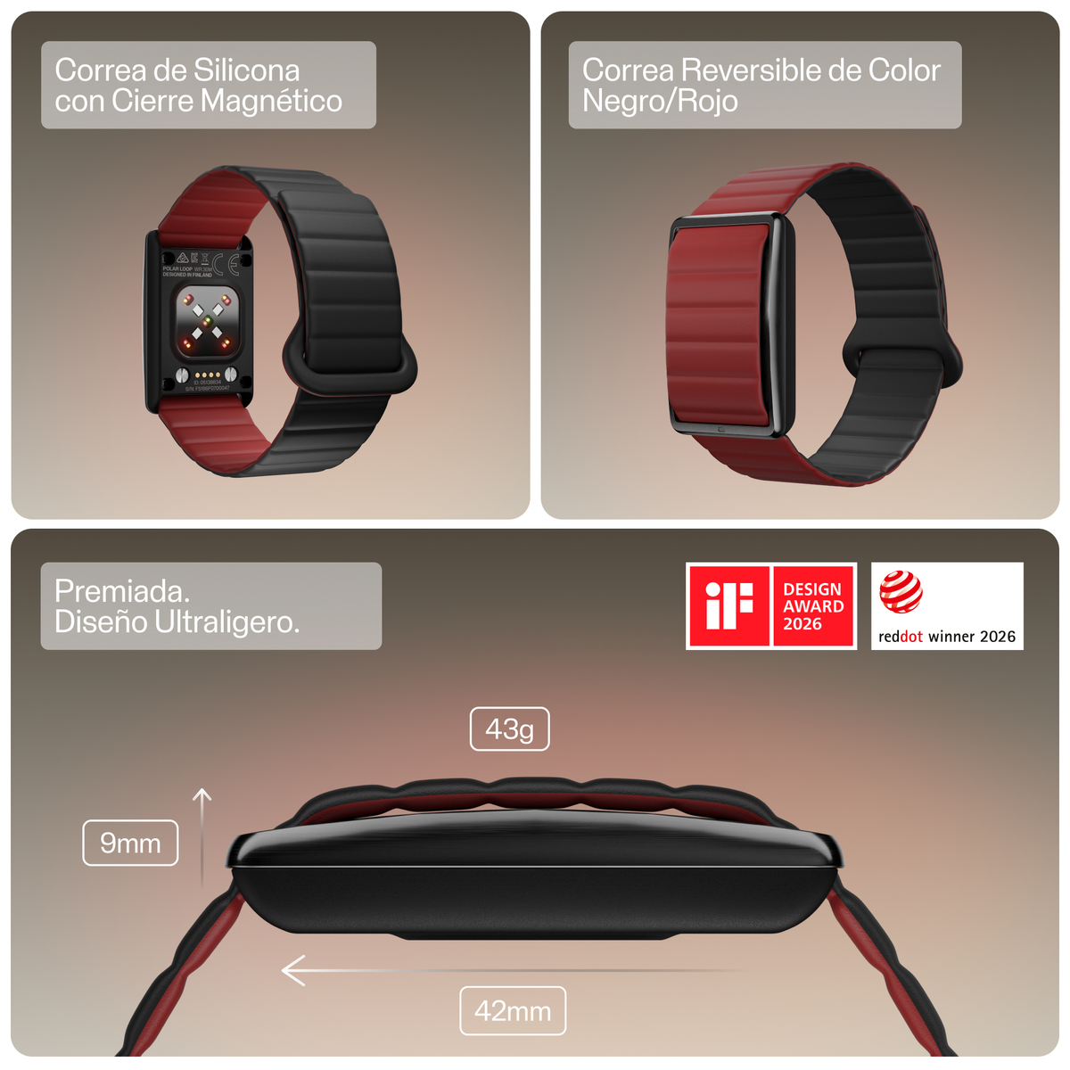 Reloj inteligente con correa de silicona negra y roja, cierre magnético, 9mm de grosor y 43g.