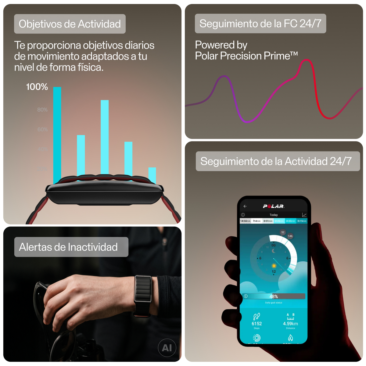 Cuatro paneles muestran funciones de seguimiento físico, incluidos objetivos de actividad, gráficos de frecuencia cardíaca y datos de aplicaciones.