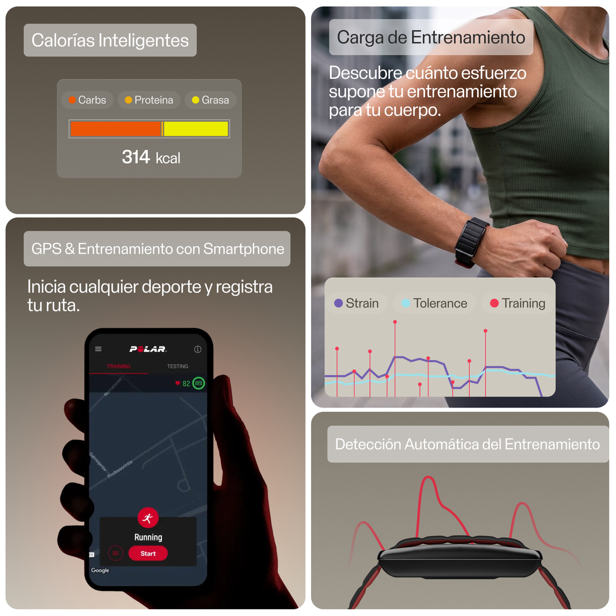 Pulsera de actividad que muestra calorías, carga de entrenamiento, GPS y autodetección.
